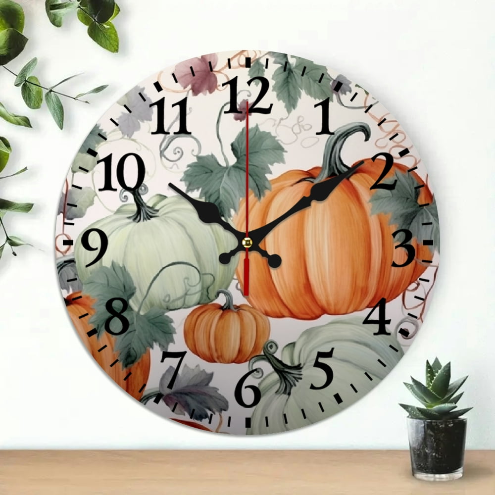 Chilfamy Wooden Wall Clock Pumpkin Leaves Print Silent Movement 10x10in ...