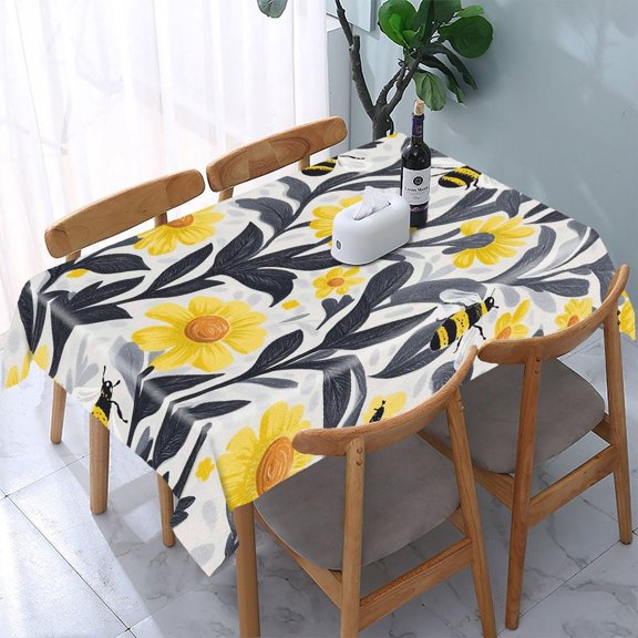 Chilfamy Yellow Flower Bee Rectangle Dining Tablecloth, Washable Wipeable Stain & Wrinkle Resistant Polyester Tablecloth for Kitchen Picnic Party