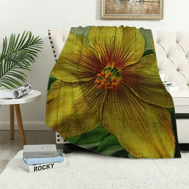 Chilfamy Yellow Flower Green Leaves Flannel Throw Blanket for Couch