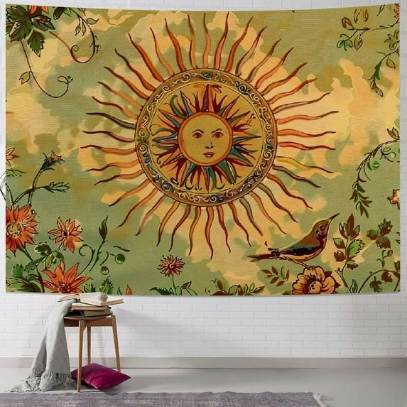 Chilfamy Yellow Sun and Moon Tapestry Vintage Indie Boho Tapestry Wall Hanging with Sunflowers Butterfly Moth Constellation Aesthetic Wall Tapestries for Room Decor 40x30inch