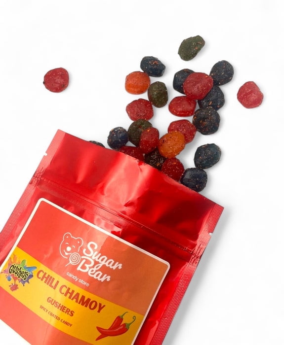Chili Chamoy Gushers  Spicy, Sweet & Tangy Mexican Chamoy Candy  Juicy Fruit Burst Gummies with Authentic Chili Lime Seasoning  Hot & Sour Chewy Snack