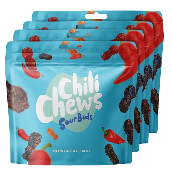 Chili Chews Great Tasting AIF9 Sweet Then Sour & Spicy Candy Bites, Snacks For All Ages, The Perfect Combo Of Sweet & Spicy, Mouth Watering Gummy Candy (Sour Buds, 4 Pack)