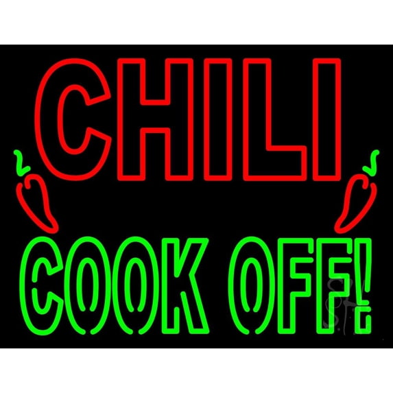 Chili Cook Off Double Stroke LED Neon Sign 15 x 19 - inches, Clear Edge Cut Acrylic Backing, with Dimmer - Bright and Premium built indoor LED Neon Sign for restaurant window and interior decor.