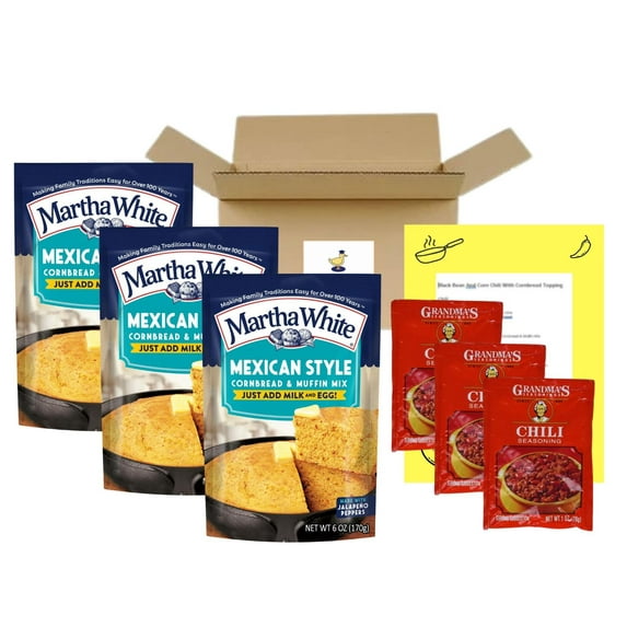 Chili Cornbread Bundle With ZS23 3 Packages of Martha White Mexican Style Cornbread Mix And 3 Grandma’s Chili Seasoning Packets And Recipe For Black Bean And Corn Chili With Cornbread Topping