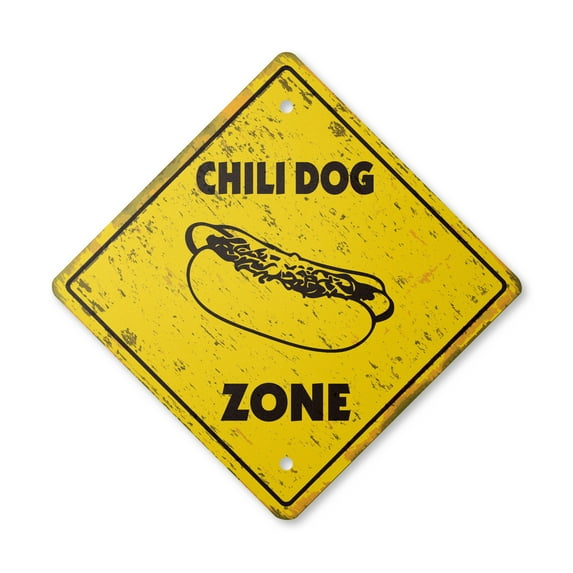Chili Dog Vintage Crossing Sign Zone Xing | Indoor/Outdoor Plastic | 14" Tall rustic hot dog mustard chicago coney island