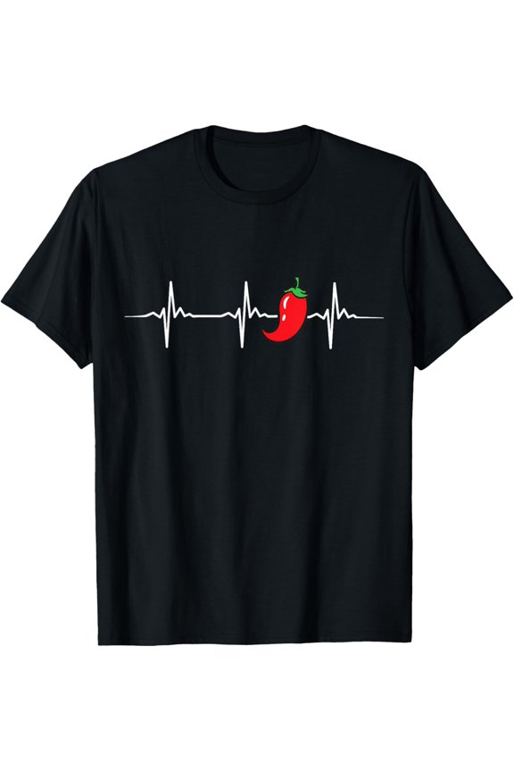 Chili Heartbeat Cute Chili T-Shirt, Small, Black