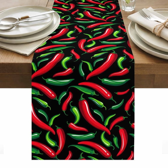 Chili Pepper Cotton Linen Table Runner Country Red Green Chili Pepper Black Dining Table Runners for Home Decor Party Dining Room Restaurant Kitchen Party 13" x 72"