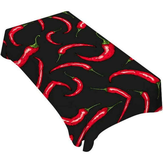 Chili Pepper Decorative Rectangle Tablecloth Red Hot Chili Pepper on Black Polyester Table Cloths Kitchen Table Cover for Dining BBQ Picnic Coffee Table 60 x 84 Inch 6-8 Seats