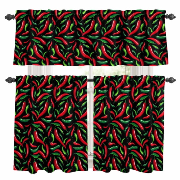 Chili Pepper Kitchen Curtains Valances 3 Piece Set, Country Red Green Chili Pepper Black Rod Pocket Tier Curtain and Valance Drapes for Small Window 36 Inch Length for Bedroom Cafe