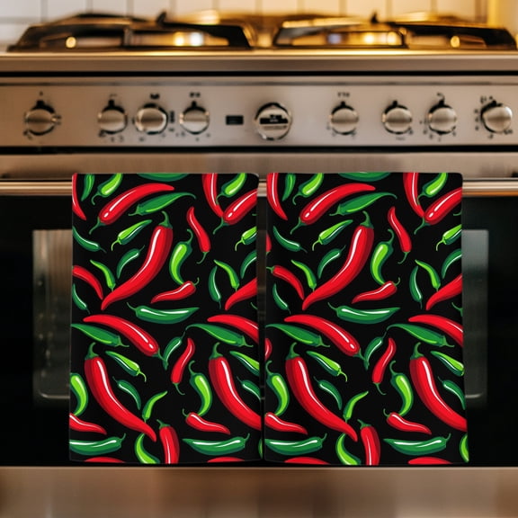 Chili Pepper Kitchen Towels Set of 1, Black Mexican Food Green Red Hot Sauce Absorbent Dish Towels for Kitchen, Microfiber Hand Towel, Quick Drying Tea Towel for Cleaning Decorative Dishcloths