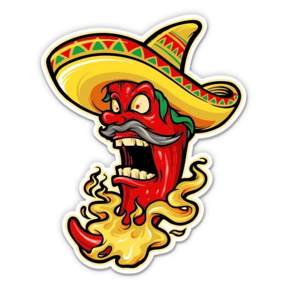 Chili Pepper on Fire Sombrero - 7" Vinyl Sticker - For Car Laptop I-Pad - Waterproof Decal