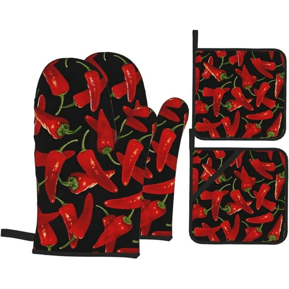 Chili Peppers Chili Oven Mitts and Pot Holders Sets of 4 High Heat Resistant Oven Mitts with Oven Gloves and Hot Pads Polyester Potholders for Kitchen Baking Grilling BBQ Non-Slip Cooking Mitts