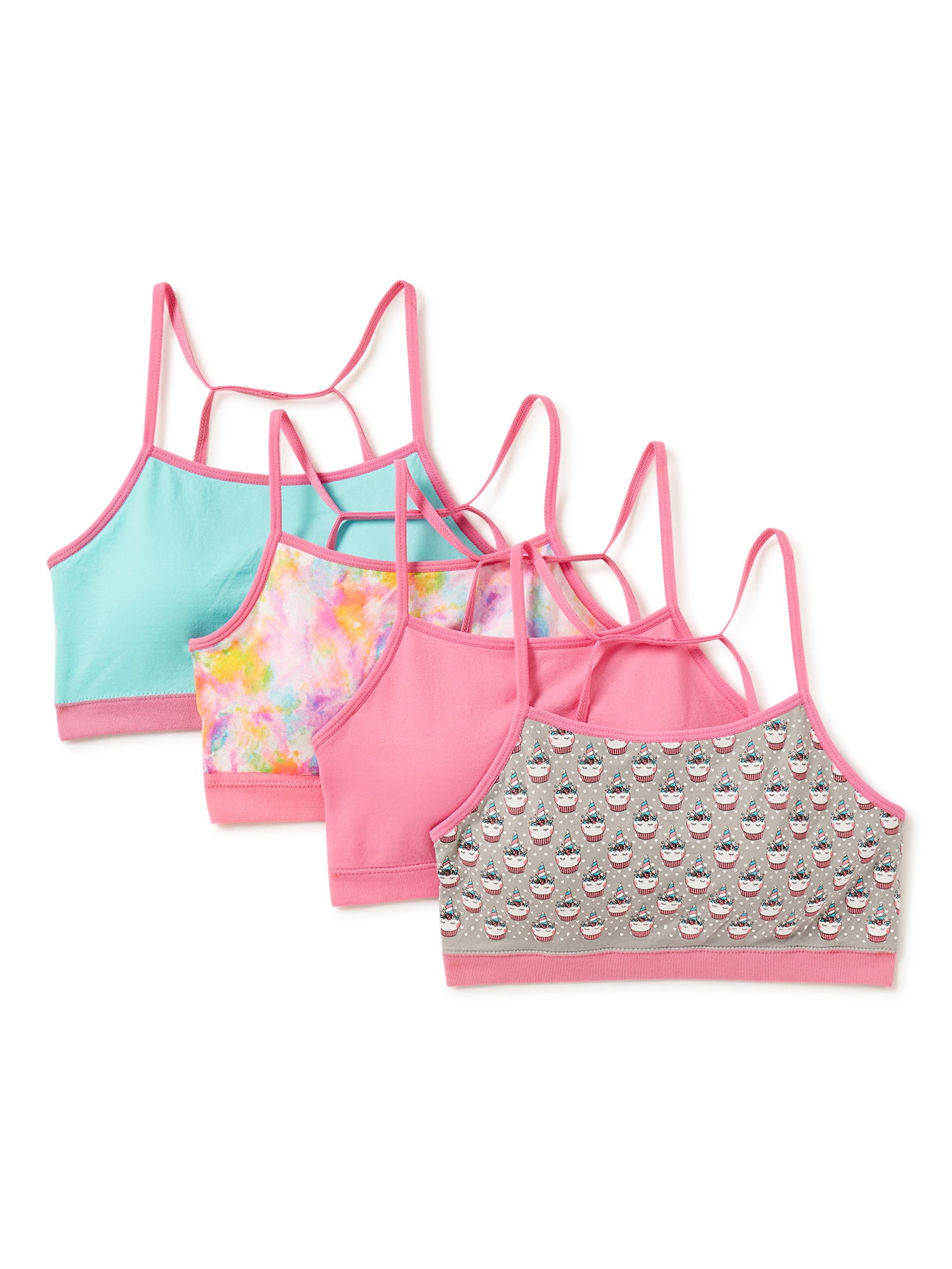 Chili Peppers Girls' Sports Bra Set, Comfortable Training Bras; Adjustable Nylon Bralette, 4-Pack