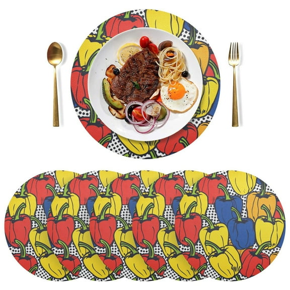 Chilies Black Round Placemats Plate Mats 15 Inch Non-Slip Heat Resistant Washable PVC Set Indoor for Kitchen Dining Table 1PC