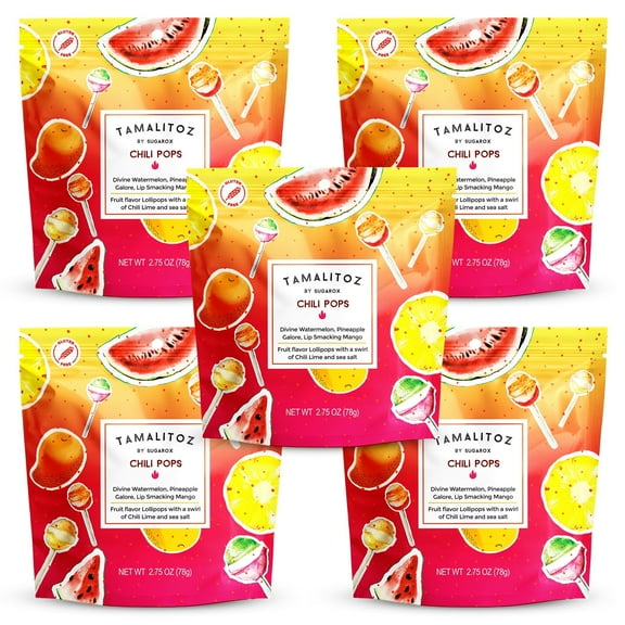 Tamalitoz Chili Pops  Spicy Mexican Lollipops with Chile, Lime & Sea Salt  Fruity Handcrafted Candy, Gluten-Free, Kosher, No Artificial Colors, 5 Bags  2.75oz Each