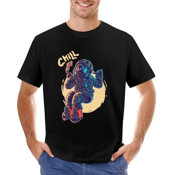 Chill Astronaut Vintage T-shirt Mens Cotton Classic Crewneck Short Sleeve Tees Unisex Black XL