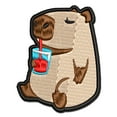 thumbnail image 1 of Chill Capybara Drinking Juice Applique Multi-Color Embroidered Hook & Loop Patch - 2.5 Inch Small, 1 of 5