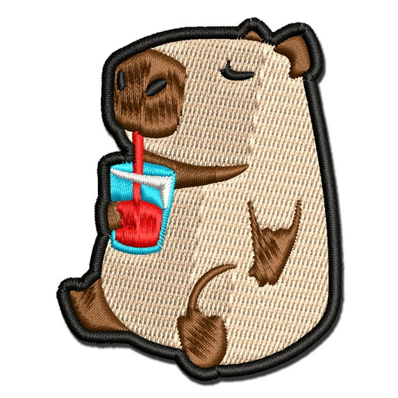 Chill Capybara Drinking Juice Applique Multi-Color Embroidered Hook & Loop Patch - 2.5 Inch Small
