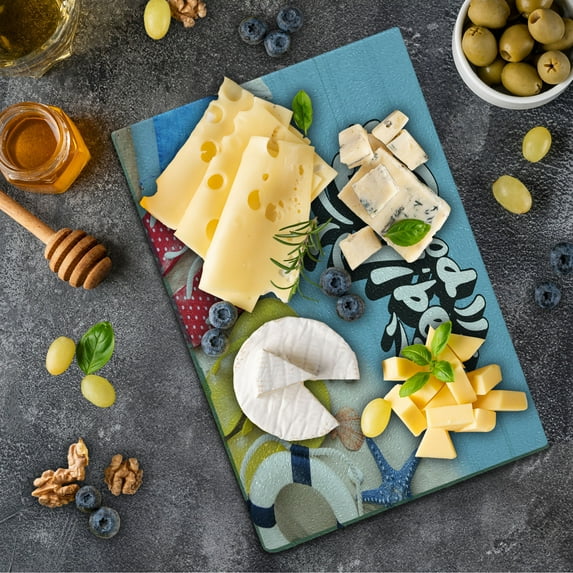 Chill Cutting Board, Flip Flops and Ocean Marine Shells on Wooden Planks Summer Holiday Essentials, Decorative Tempered Glass Cutting and Serving Board, Small Size, Multicolor, by Ambesonne