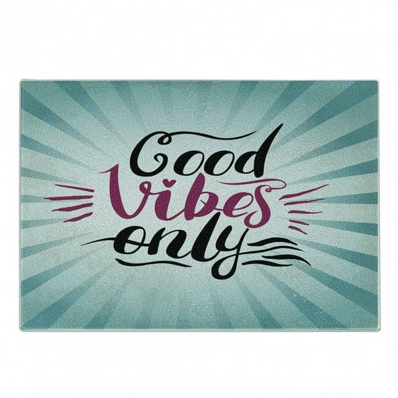 Chill Cutting Board, Retro Radial Composition Abstract Sunburst Hand Lettering Typography, Decorative Tempered Glass Cutting and Serving Board, Small Size, Teal Black Magenta, by Ambesonne