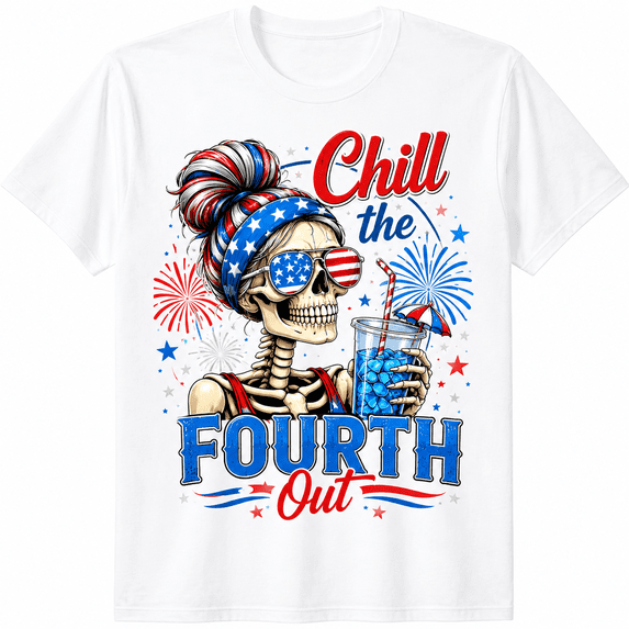 Chill The Fourth Out Skeleton Patriotic T-Shirt Funny 4th of July Graphic Tee for Men Women USA Independence Day Skull Sunglasses Fireworks American Flag Party Casual Short Sleeve Gift Top