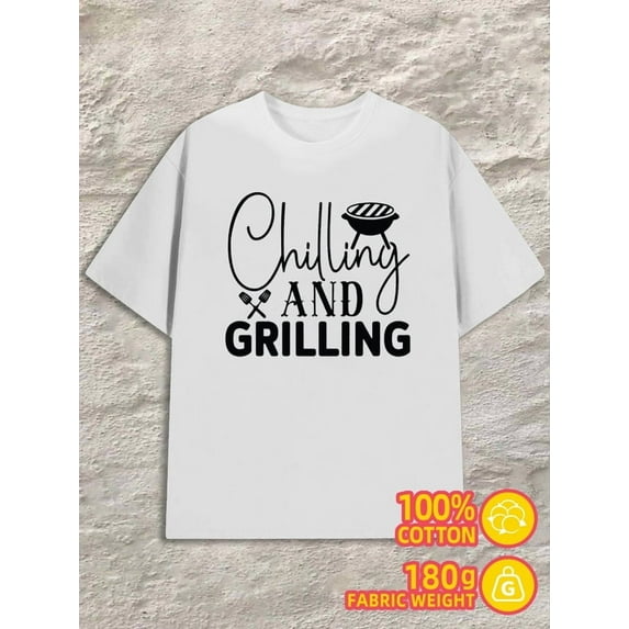 Chill & Grill men's 180G 100% Cotton white Trendy Unisex Shirt Crewneck tshirts Trendy Unisex Shirt Short Sleeve tshirts Original Unisex Shirt Printed tshirts
