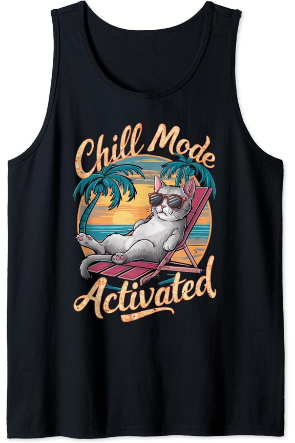 Chill Mode Activated Cat With Glasses On Beach Tank Top Size S-3XL