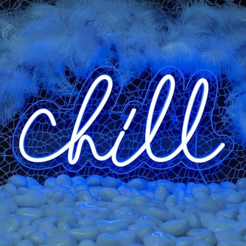 Chill Neon Sign Blue Led Sign Chill Neon Wall Sign 14'' x 7'' Led Word Lights for Wall Decor Neon Light for Bedroom USB Powered Switch Light up Sign for Bar Hotel Game Room