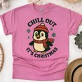 thumbnail image 1 of Chill Out It’s Christmas Penguin Tee | Cute Winter Graphic Shirt | Unisex Casual T-Shirt, Heliconia, Size XL, 1 of 6
