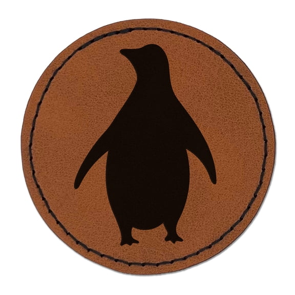 Chill Penguin Silhouette 2.5" Faux Leather Round Engraved Iron-On Patch - Brown