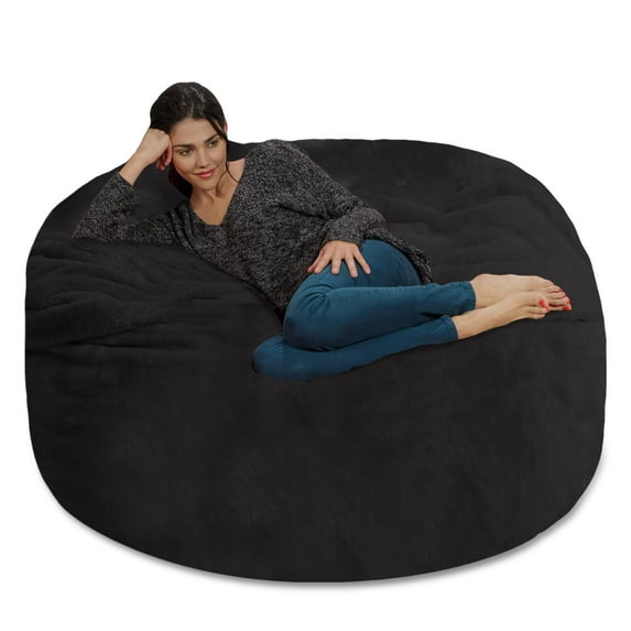 Chill Sack Bean Bag Chair, Faux Rabbit Fur with Memory Foam Fill, 5 ft, Black