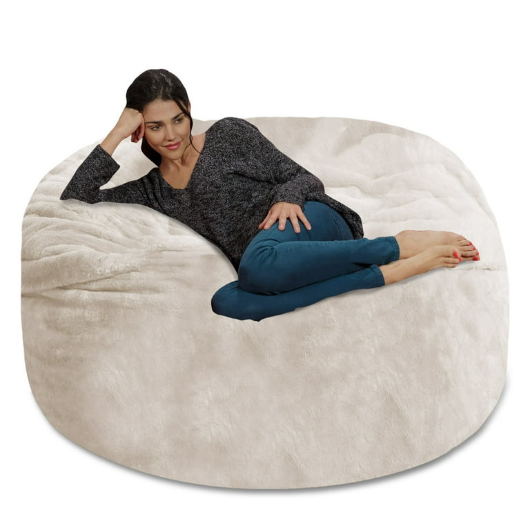 Chill Sack Bean Bag Chair, Faux Rabbit Fur with Memory Foam Fill, 5 ft, Cream, Size: 60 inch x 60 inch x 34 inch
