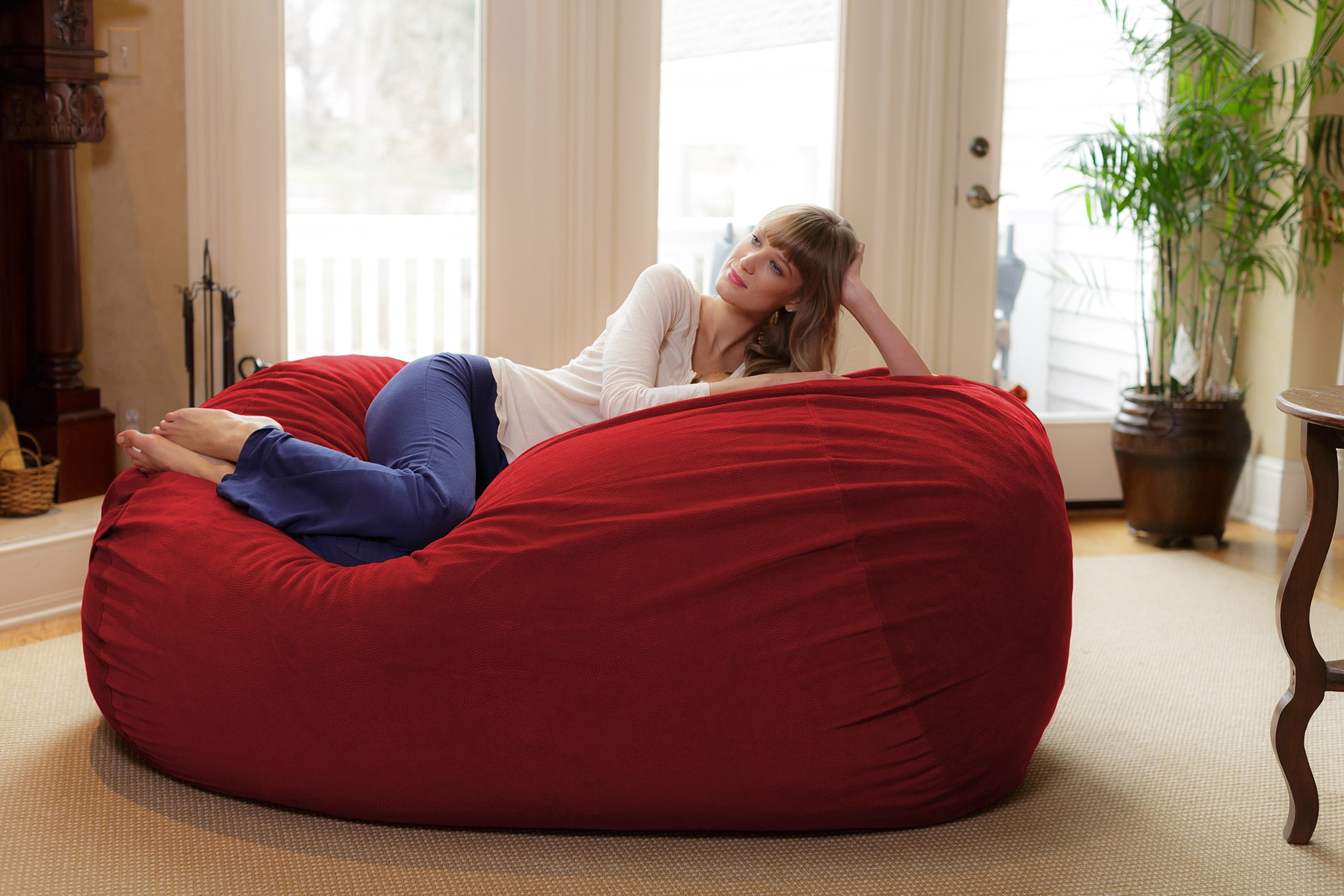 Chill Sack Bean Bag Chair, Memory Foam Lounger with Microsuede Cover, Kids, Adults, 6 ft, Red Pebble