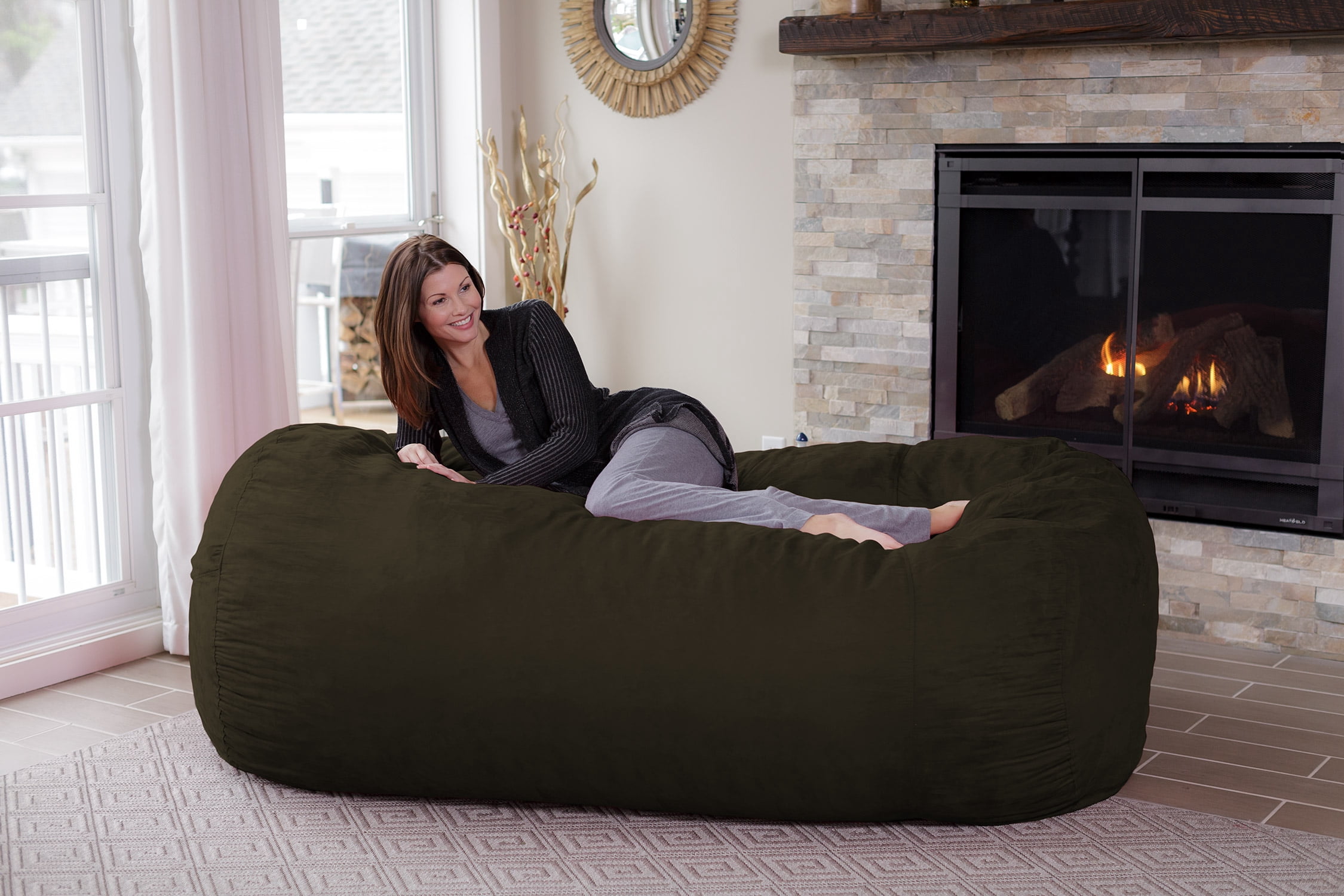 Chill Sack Bean Bag Chair, Memory Foam Lounger with Microsuede Cover, Kids, Adults, 7.5 ft, Olive