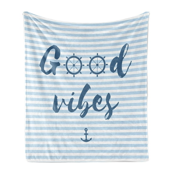 Chill Soft Flannel Fleece Throw Blanket, Nautical Design with Stripes Brushstrokes Steering Wheels Anchor, Cozy Plush for Indoor and Outdoor Use, 50" x 60", Baby Blue Night Blue, by Ambesonne