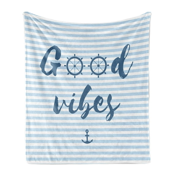 Chill Soft Flannel Fleece Throw Blanket, Nautical Design with Stripes Brushstrokes Steering Wheels Anchor, Cozy Plush for Indoor and Outdoor Use, 70" x 90", Baby Blue Night Blue, by Ambesonne