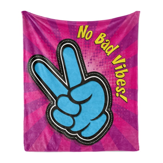 Chill Soft Flannel Fleece Throw Blanket, No Bad Vibes Theme Vintage Style Vibrant Colors with Peace Hand Sign, Cozy Plush for Indoor and Outdoor Use, 60" x 80", Magenta Yellow Blue, by Ambesonne