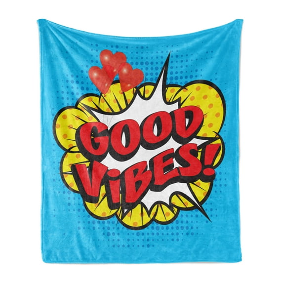 Chill Soft Flannel Fleece Throw Blanket, Pop Art Composition with Speech Bubble Retro Letters Heart Balloons, Cozy Plush for Indoor and Outdoor Use, 50" x 60", Blue Yellow Vermilion, by Ambesonne