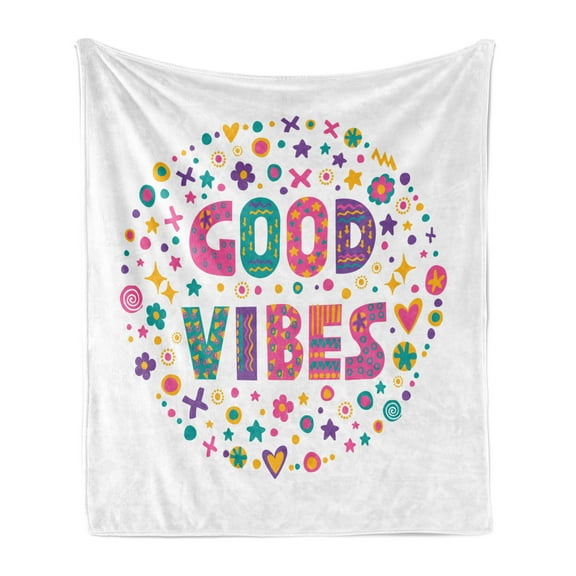Chill Soft Flannel Fleece Throw Blanket, Word Art Theme Doodle Cartoon Positive Hippie Cheerful, Cozy Plush for Indoor and Outdoor Use, 50" x 60", Multicolor, by Ambesonne