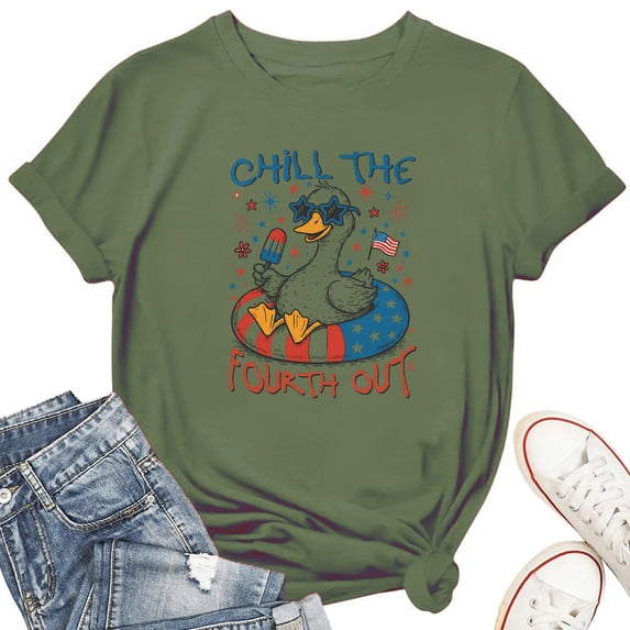 Chill The Fourth Out Goose Women's T-Shirt – Funny Patriotic 4th of July Tee, Cute USA Goose Graphic, Independence Day Top