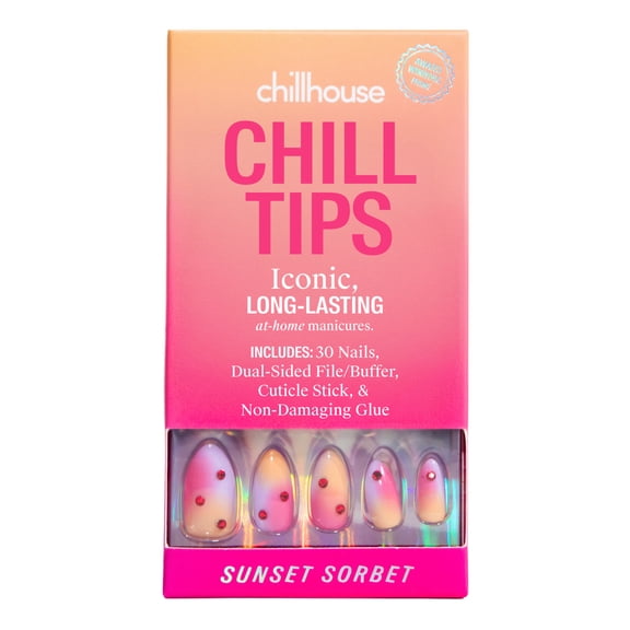 Chillhouse Chill Tips - Signatures Press On Nails, Sunset Sorbet, Almond Medium, Orange and Pink, 30 Fake Nails