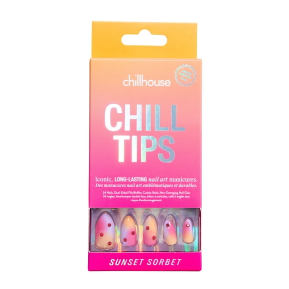 Chillhouse Chill Tips - Signatures Press On Nails, Sunset Sorbet, Almond Medium, Orange and Pink, 30 Fake Nails