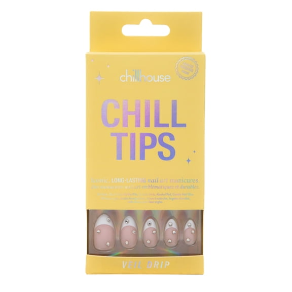 Chillhouse Chill Tips, French Press-On Nails, Veil Drip, Almond Medium, White and Beige, 30 Fake Nails