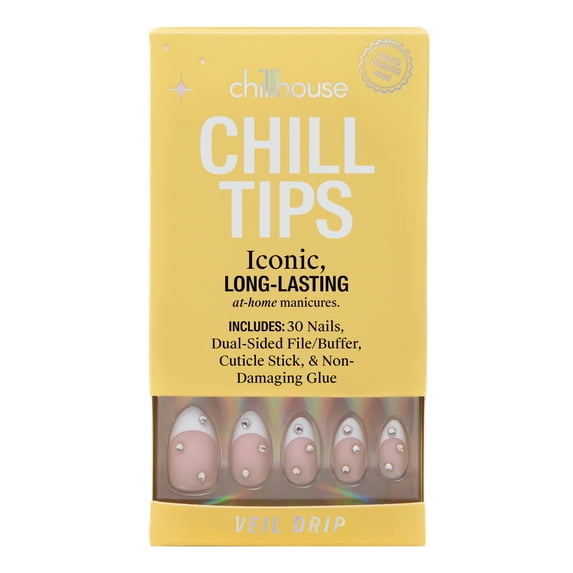 Chillhouse Chill Tips - French Press On Nails, Veil Drip, Almond Medium, White and Beige, 30 Fake Nails