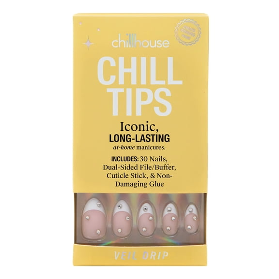 Chillhouse Chill Tips - French Press On Nails, Veil Drip, Almond Medium, White and Beige, 30 Fake Nails