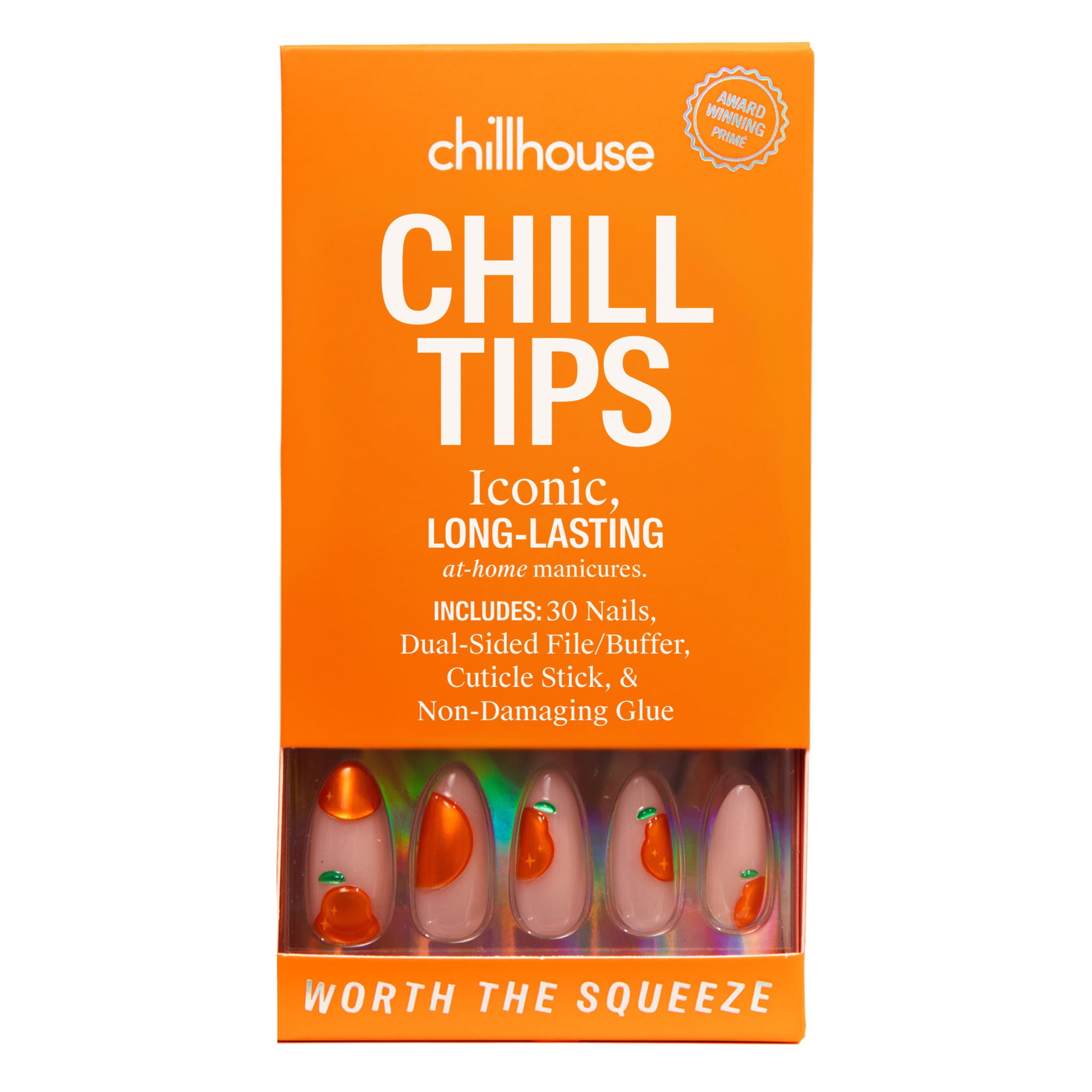 Chillhouse Chill Tips - Signatures Press On Nails, Worth the Squeeze, Almond Long, Orange and Beige, 30 Fake Nails