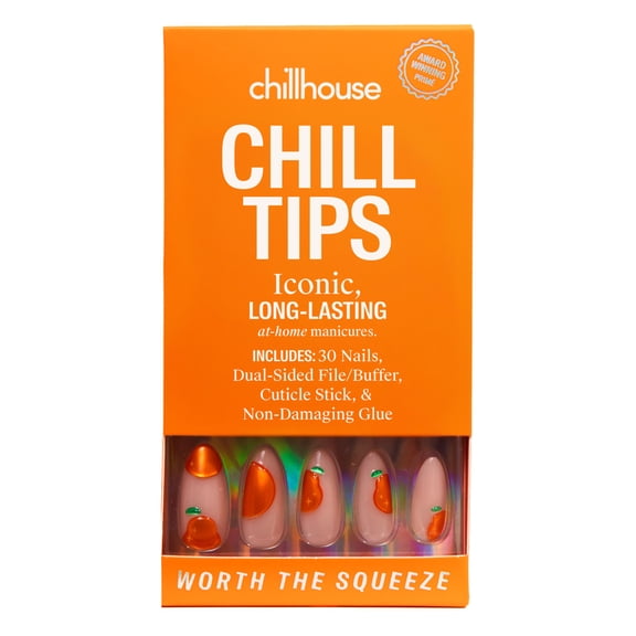 Chillhouse Chill Tips - Signatures Press On Nails, Worth the Squeeze, Almond Long, Orange and Beige, 30 Fake Nails