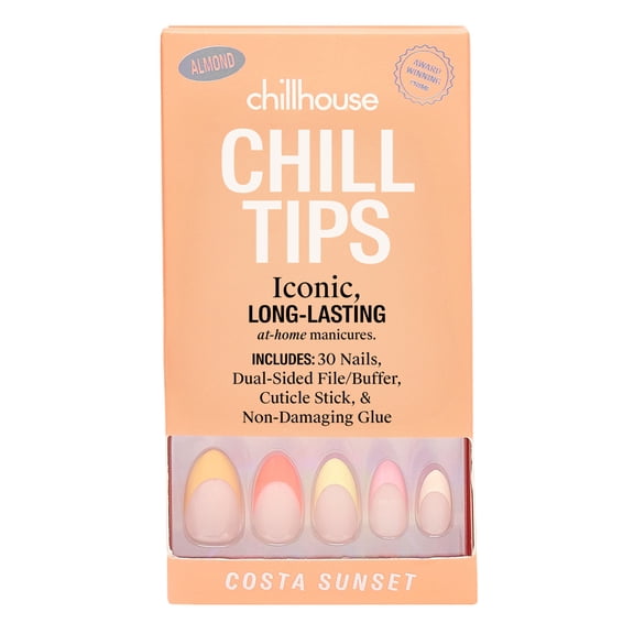 Chillhouse Chill Tips - French Press On Nails, Costa Sunset, Almond Medium, Orange and Pink, Yellow, 30 Fake Nails