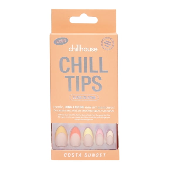 Chillhouse Chill Tips - French Press On Nails, Costa Sunset, Almond Medium, Orange and Pink, Yellow, 30 Fake Nails