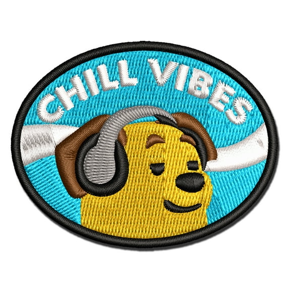 Chill Vibes Dog with Headphones Applique Multi-Color Embroidered Iron-On Patch - 2.5 Inch Small